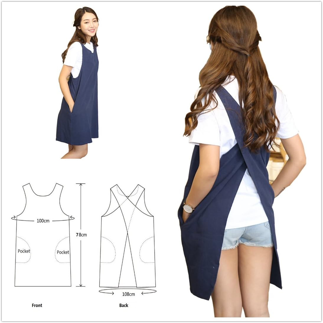 Cotton Linen Japanese Apron Halter Cross Back Bandage X Shape Aprons Two Pockets