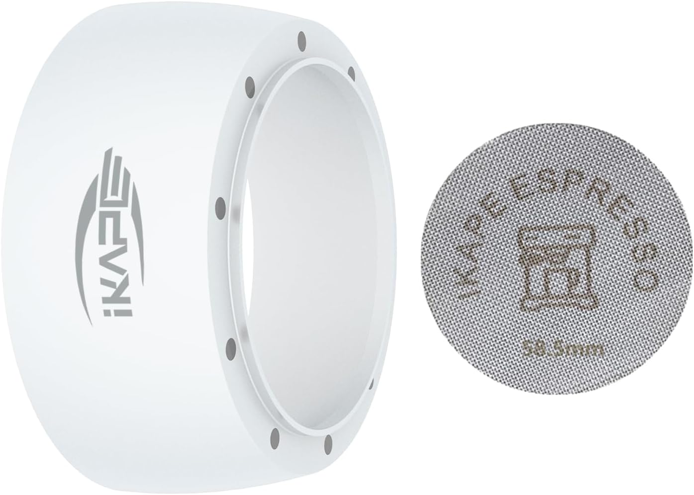 IKAPE Magnetic Dosing Funnel Set, 58MM Espresso Dosing Ring & Puck Screen Kit Compatible with 58MM Bottomless Portafilter - with 10 Small Magnet (White)