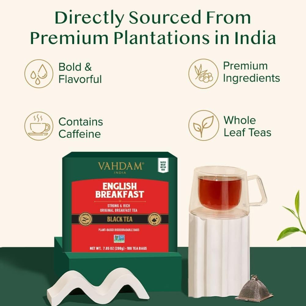 VAHDAM, English Breakfast Black Tea Bags (100 Count) High Caffeine | Strong, Robust & Flavoury | Pyramid Tea Bags | Full Bodied Black Tea Leaves