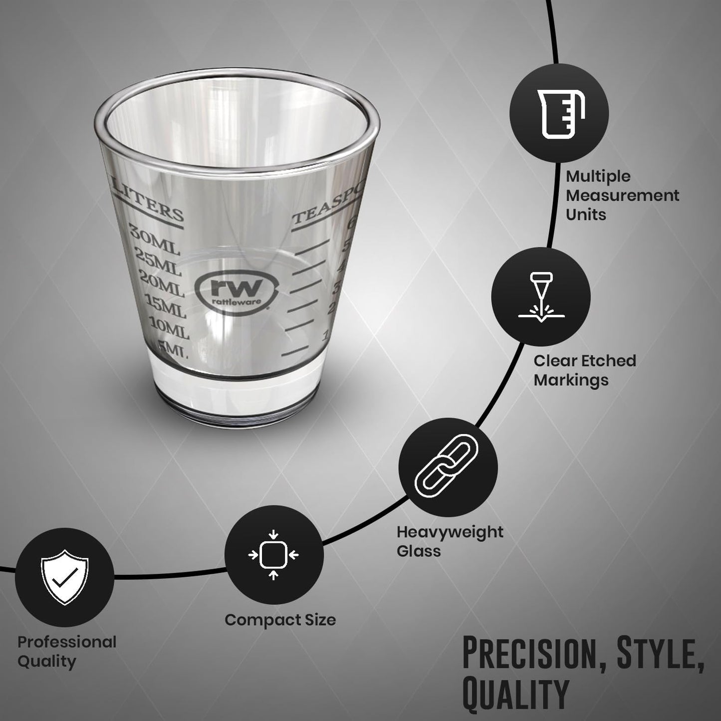 Rattleware Premium 1.5 oz Graduated Shot Glass – Heavyweight Glass with Oz, ml, tsp, tbsp Markings – Stylish & Durable for Home Bars, Coffee, Espresso Shots, Cocktails & Gatherings