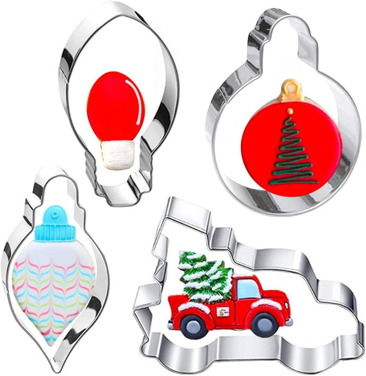 Christmas Ornament Cookie Cutters 4Pcs, Large Christmas Tree Car Light Ornament Shapes Cookie Cutters, Metal Dough Fondant Biscuit Molds for Baking Decorating Home Kitchen