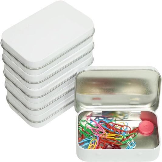 Small Metal Box With Lid-Cookie Tins Metal Tins With Lids Lens Wipes Storage Container Mini Portable Box,Empty Hinged Tin,For Organize Mint Candy Jar,Sewing (White, 6 Pcs 3.7" x 2.4" x 0.8")