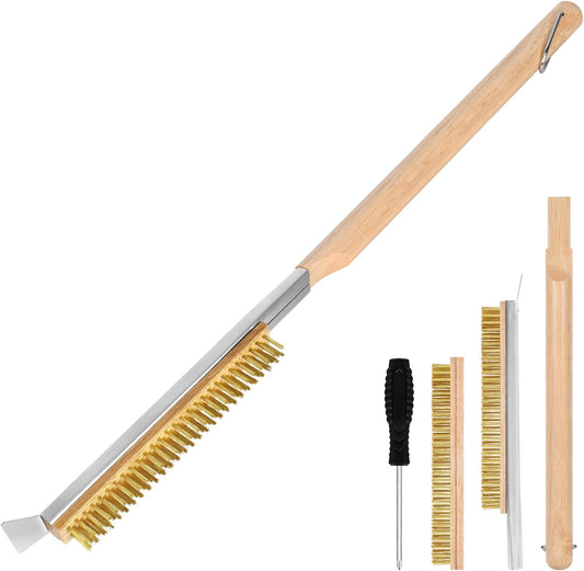 Pizza Oven Brush, 26" Brush and Stainless Steel Scraper for Pizza Stone, BBQ Grill Cleaning Brush Non Scratch Heat Proof Brass Bristles with Screwdriver, Outdoor Pizza Oven and Accessories