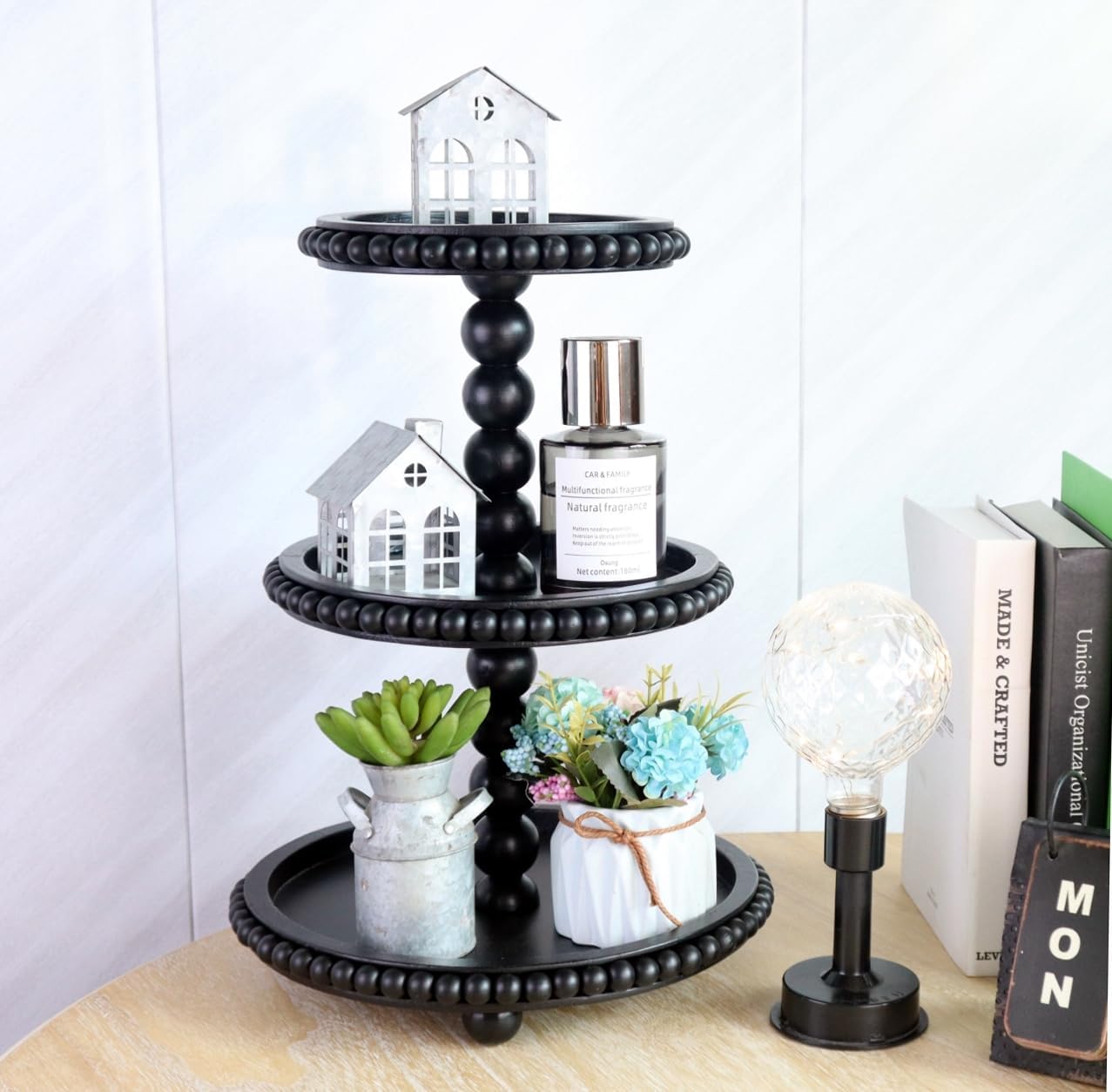 3 Tier Serving Tray， Wood Cupcake Stand，3 Tier Cupcake Stand，Tiered Tray Stand，Wooden Tiered Tray Stand，Suitable for Weddings/Birthdays/Dinners，（Black）.