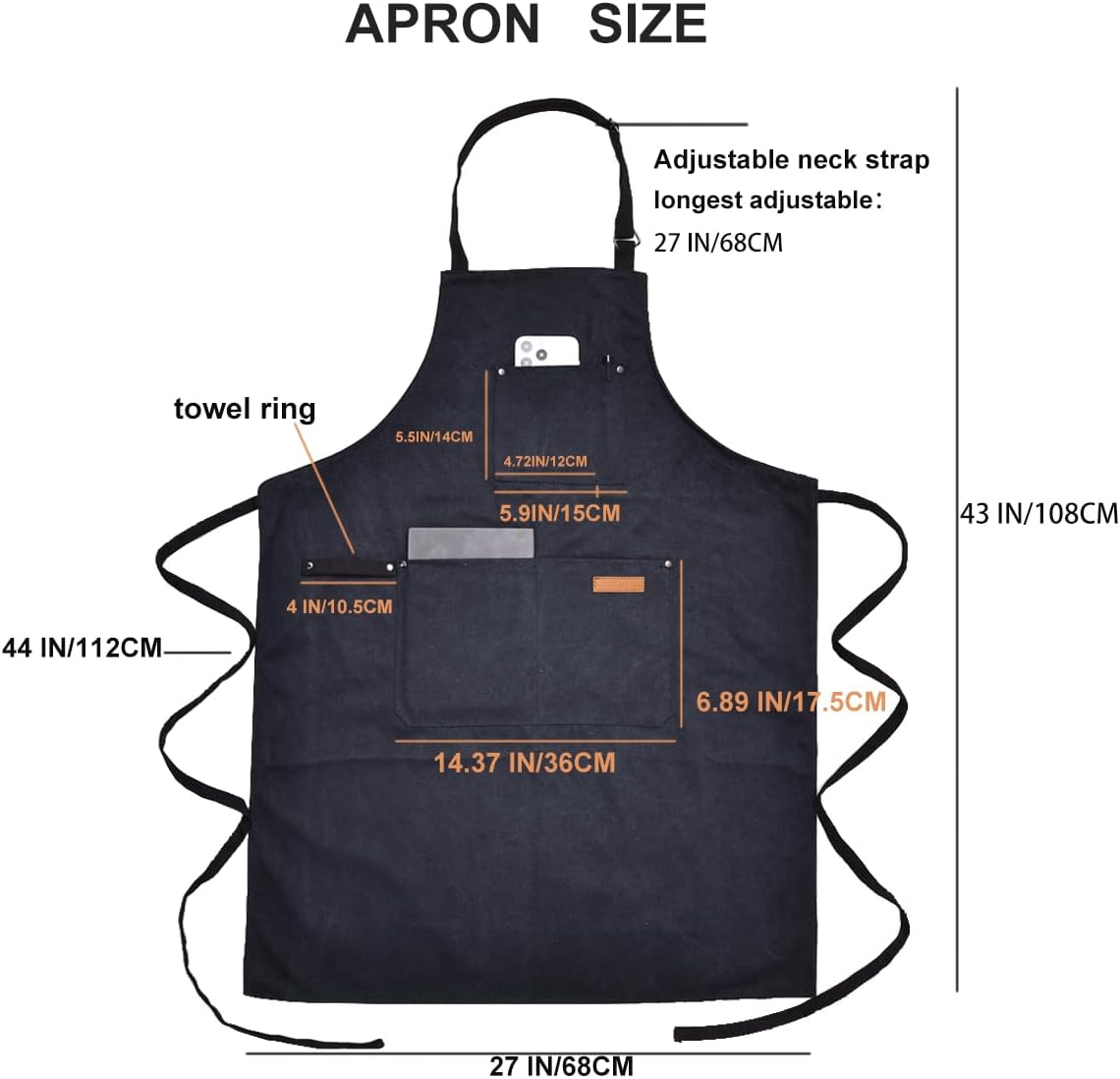 Chef Cooking Aprons for Men Women Thickened Canvas Cotton Apron with 4 Pockets for BBQ Work Kitchen (Black)
