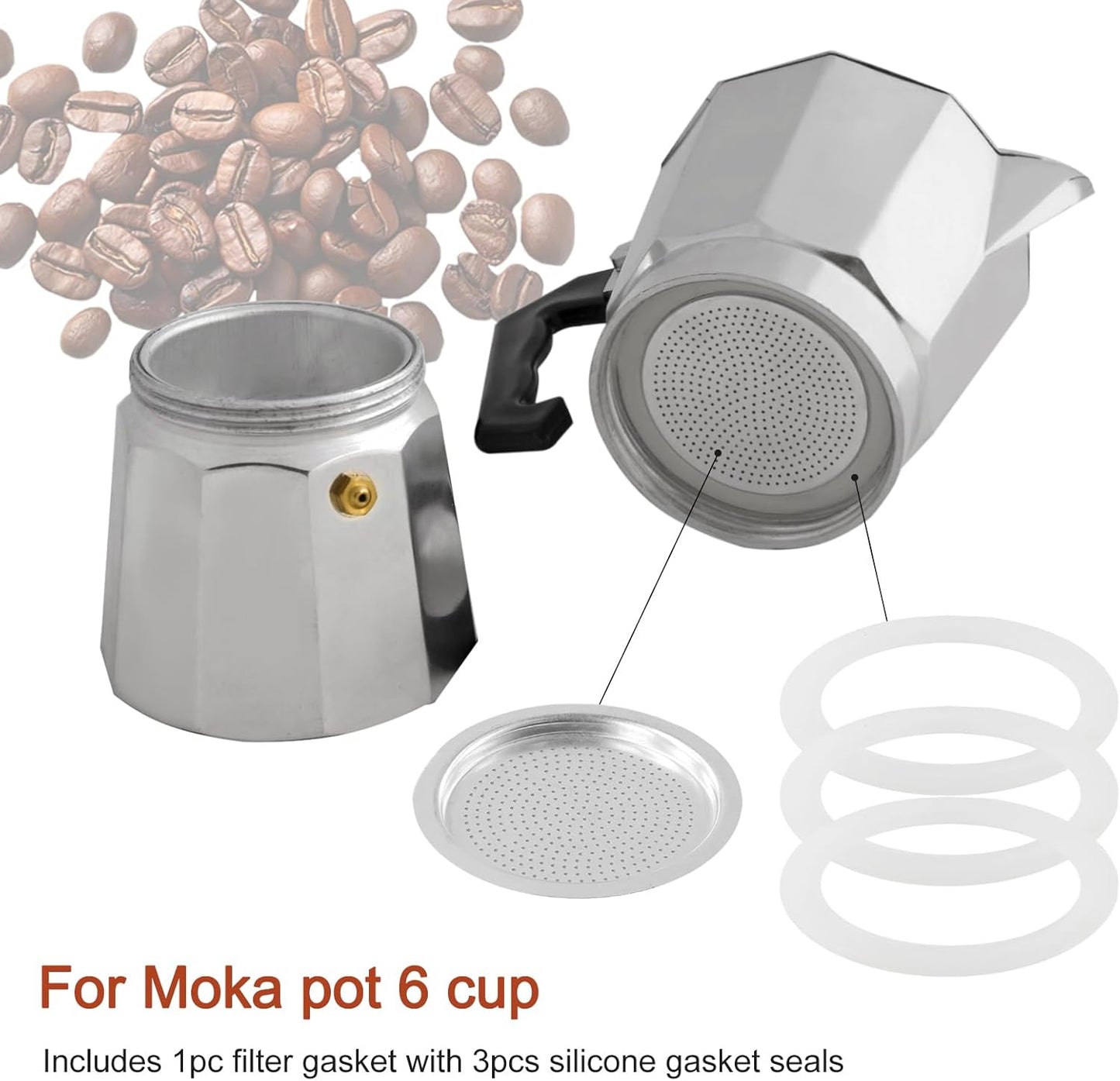 2/3/6/9/12 Cup Gasket & Filter For Stovetop Espresso Coffee Makers, Rubber Seal For Stove Top Coffee Maker Moka Pot, Silicone Gasket Seals, Espresso Machine Replacement Parts(6 cup)