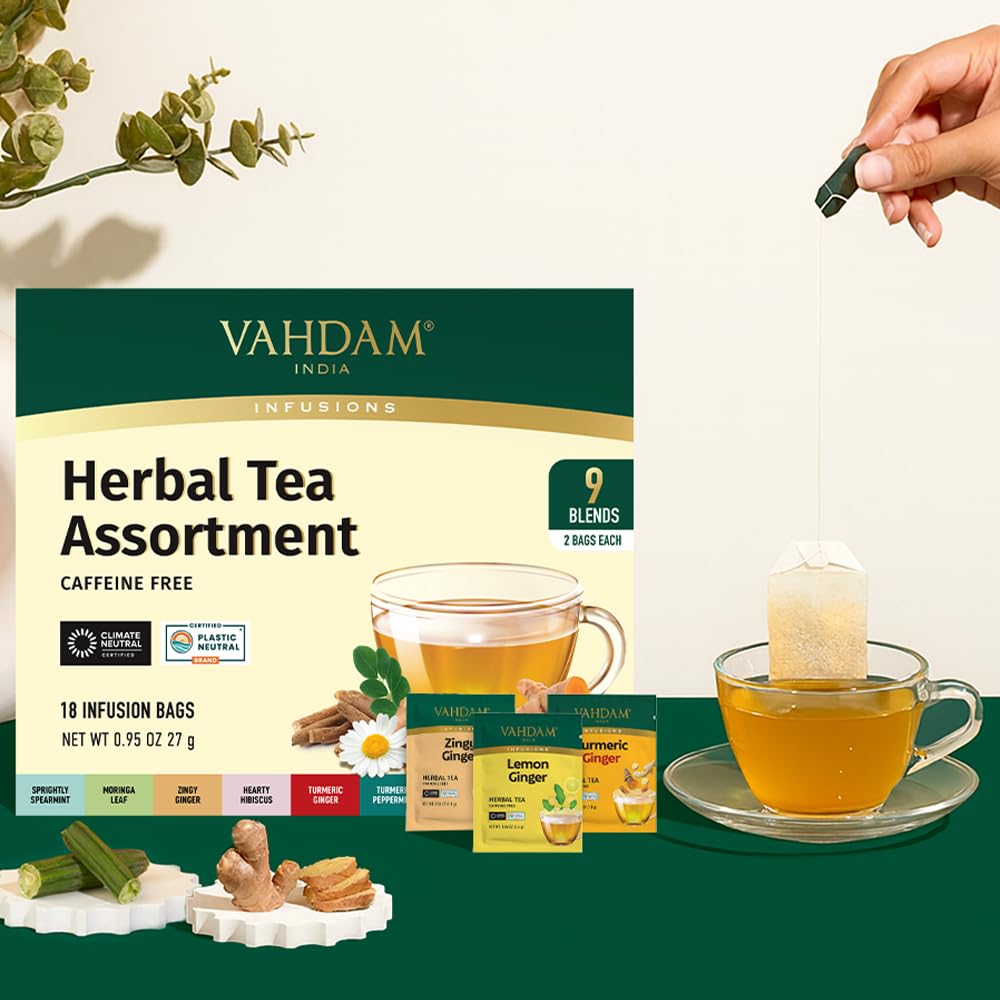 VAHDAM, Assorted Herbal Tea Sampler (18 Tea Bags, 9 Flavors) Caffeine-Free, Non-GMO | Double Infusion, Individually Enveloped Tea Bags | Herbal Tea Assortment