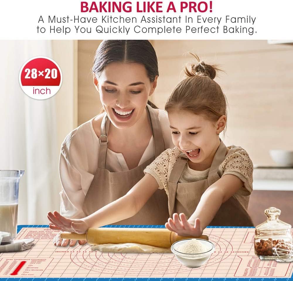 Pastry Baking Mat 28x20 Inch - Larger Silicone Baking Pastry Mat for Rolling Dough,Non Silp Silicon Dough Sheet Mat with Measurement,Perfect for Making Pie,Pizza(Blue)