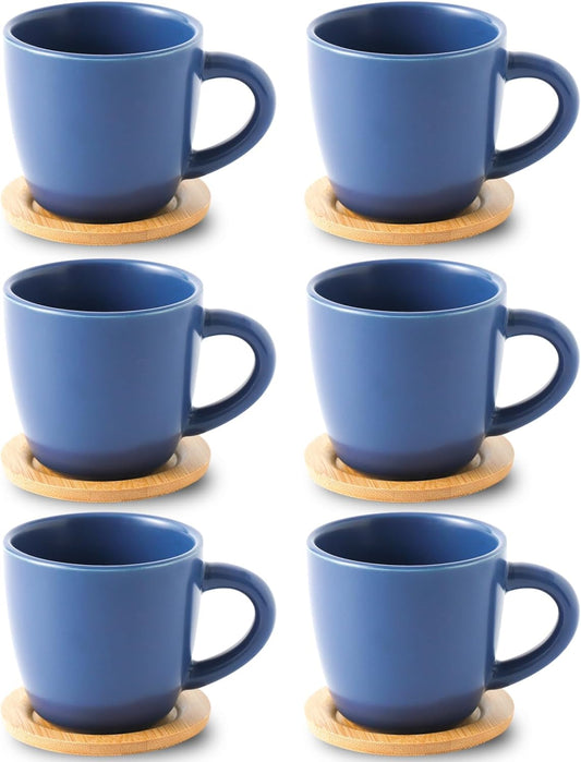 Hasense 8 oz Tea Cups and Saucers Set of 6, Ceramic Coffee Cups Latte Cappuccino Cups with Handle for Double Shot, Cafe Mocha, Espresso, Porcelain Coffee Cups for Party Home and Kitchen, Blue