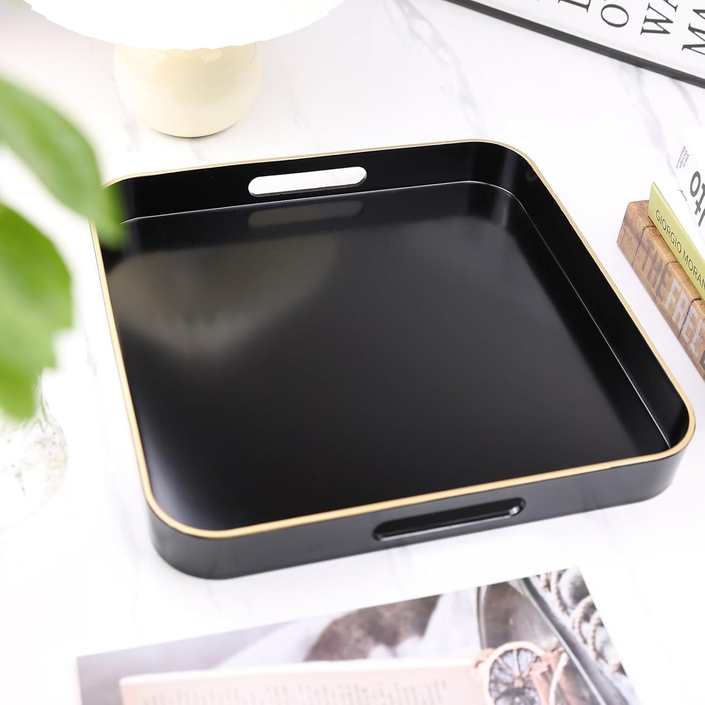 Black Square Decorative Tray with Handles, 13"*13" Versatile Serving Tray for Coffee Table, Ottoman, Ideal for Serving, Displaying, Organizing