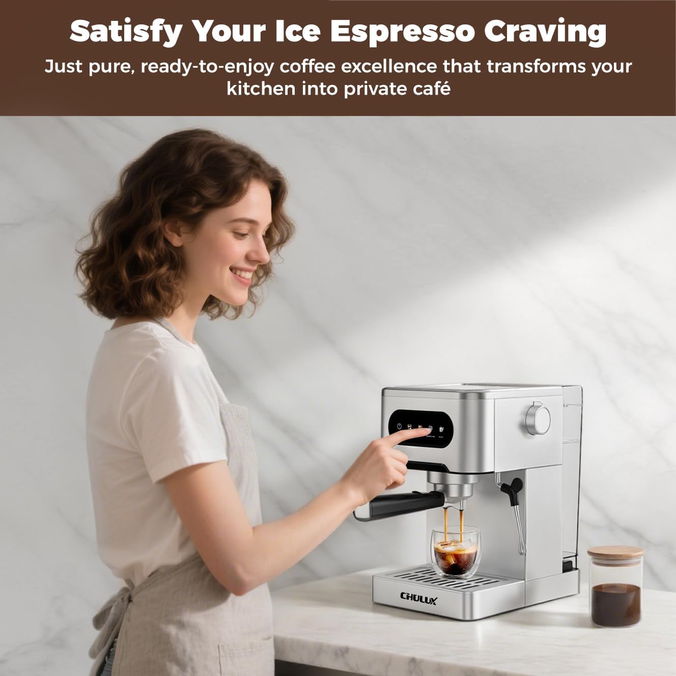 CHULUX Cold Brew Espresso Machine, 20 Bar Stainless Steel Touchscreen Cappuccino & Latte Machine with Steam Wand for Home