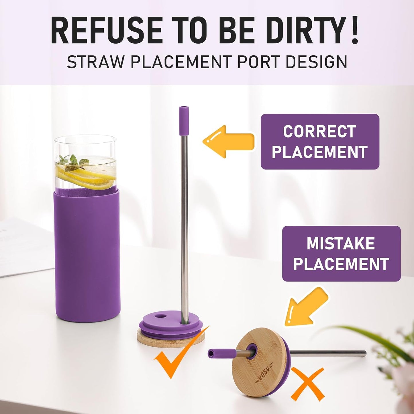 Glass Tumbler w/Lids & Straw: 24 oz Reusable Glass Cup w/Bamboo Lid, Stainless Steel Straws, BPA-Free, Leak-Proof, Dishwasher Safe for Coffee/Smoothies/Hot Beverage, Travel/Office/Home Use, 2-Pk