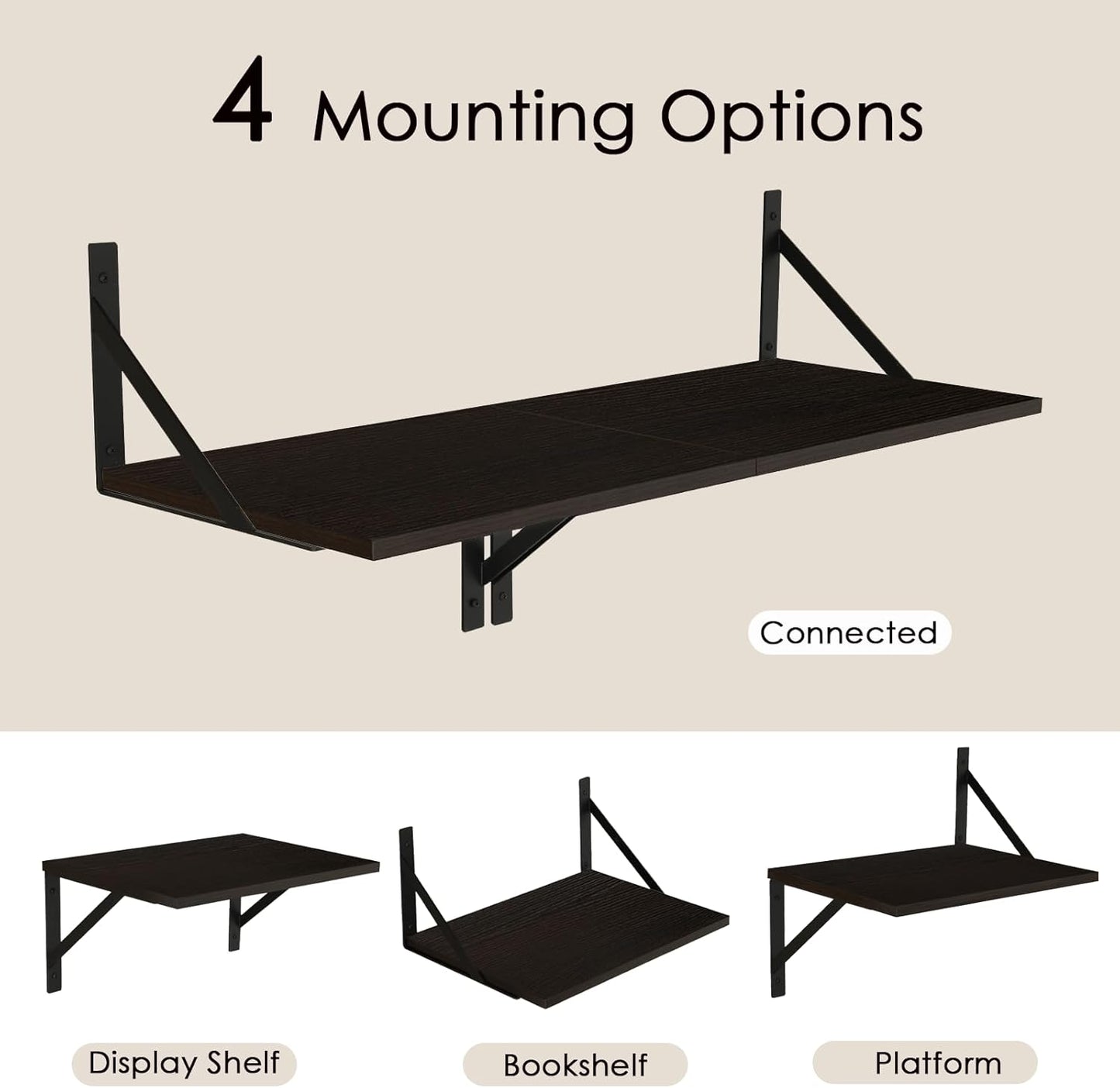 DINZI LVJ Deep Floating Shelves, 16" W x 12" D Wall Shelves Set of 2, Wide Display Shelf Mounted with Brackets, Easy-to-Install Wall Bookshelf for Living Room, Bathroom, Bedroom, Espresso