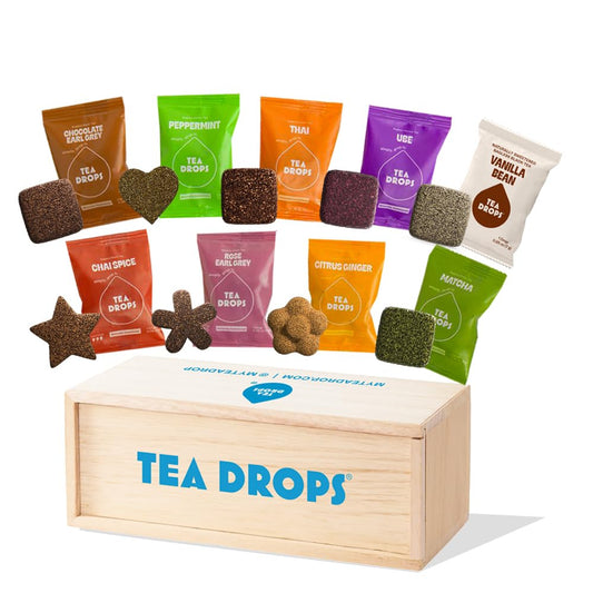 Tea Drops Gift Set | Organic Dissolvable Loose Leaf Tea | Chai Spice Chocolate Earl Grey Citrus Ginger Rose Matcha Peppermint Ube Vanilla Bean Thai | 9 Sampler Assortment - 1 Per Flavor