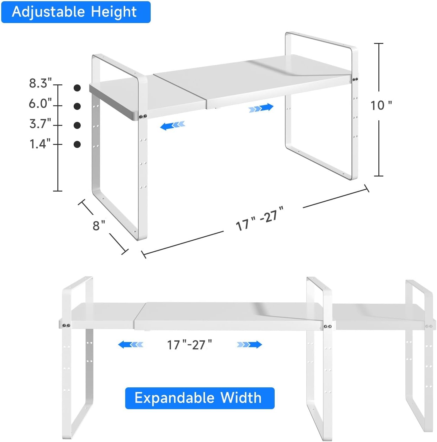 Expandable Cabinet Shelf Organizer, Stackable Kitchen Pantry Counter Storage, Adjustable Closet Cupboard Stand Rack Risers Spice Organization 80LBS Heavy Duty White 3 Pack