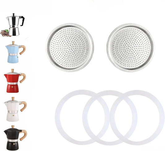 2 Pcs Filter with 3 Pcs Silicone Gasket Seals for 2 Cup Stovetop Espresso Coffee Maker Replacement Parts for DITOSH Aluminium Moka Pot