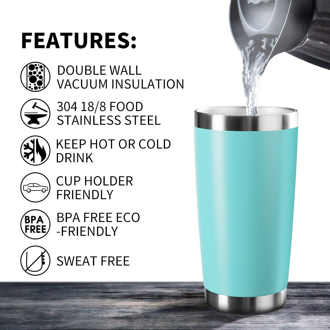 20oz Tumbler Bulk Stainless Steel Vacuum Insulated Tumblers with Lid Double Wall Travel Mug, Powder Coated Coffee Cup, Suitable for Ice Drinks and Hot Beverage (Light blue 6pack)