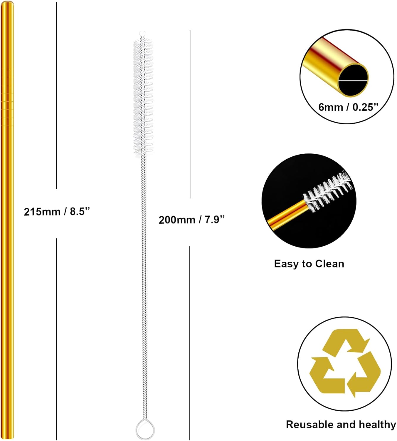 Stainless Steel Straws Metal Reusable Drinking Straw for Juice Iced Coffee Cold Beverage Water Highball Glasses 20oz Tumblers Mugs Cups, 0.24" 6mm Wide 215mm Long, Set of 8 with Brush, Gold