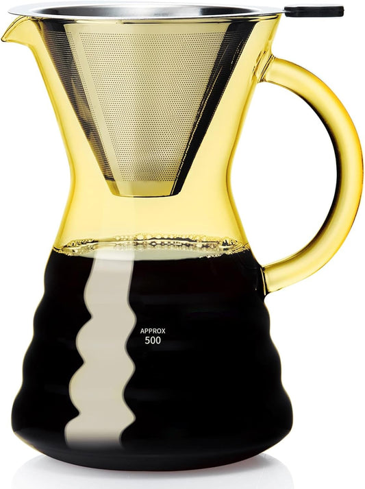 Unbreakable - Pour Over Coffee Maker with Permanent Stainless Filter 32 fl oz, Thickened Heat-Resistant Borosilicate Glass Dripper Coffee Brewer, Stovetop Safe, Yellow