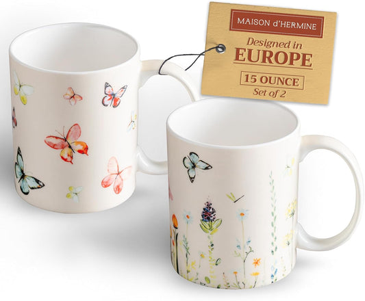 Maison d' Hermine Coffee Mug with Handles Fine Bone China Mugs Pack of Two Tea Cups for Hot Beverages Cappuccino Latte Home Restaurant Office Perfect for Gift (Botanical Fresh, 15 Ounce)