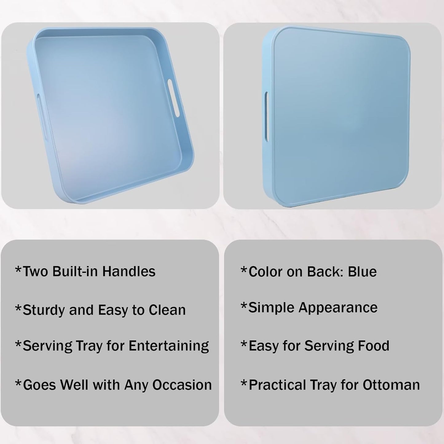 Square Blue Decorative Serving Tray with Handles, Versatile Ottoman Tray for Coffee Table, Entertaining, Outdoor Patio, Living Room, 13”*13”*1.6”