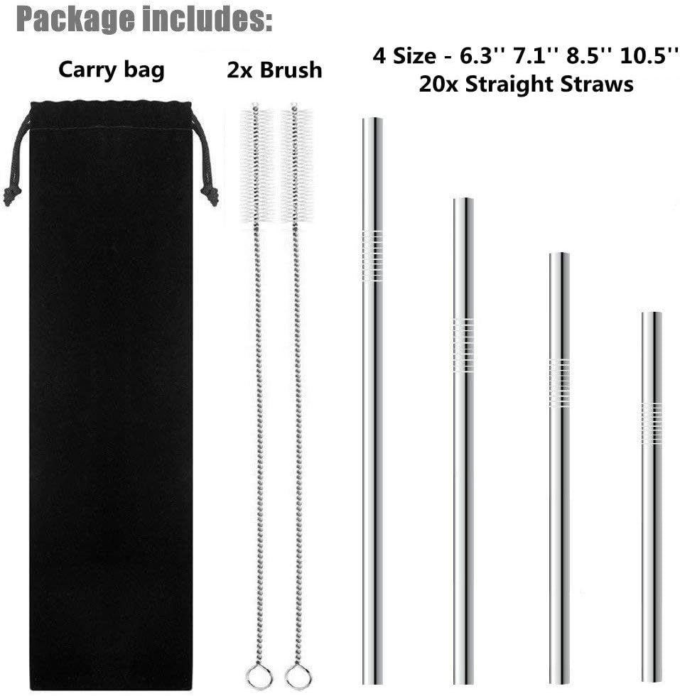 Reusable Stainless Steel Drinking Straws, 20 Pcs 4 Size - 6.3'' 7.1'' 8.5'' 10.5'', Long Short Smoothie Drinking Straight Straws With 2 Brushes and Carry bag, Fit for 20/30 oz Tumblers