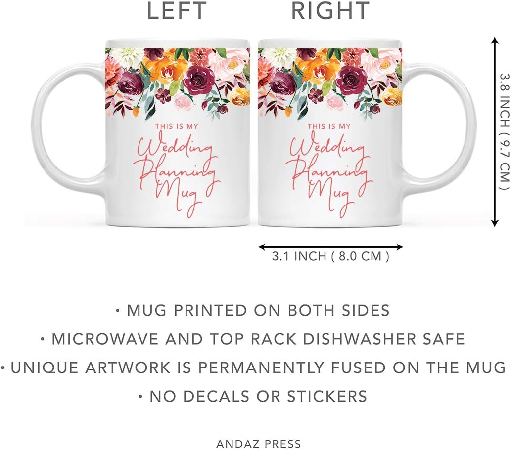 Andaz Press 11oz. Wedding Ceramic Coffee Tea Mug Gift, Fall Autumn Burgundy Orange Peach Flowers Roses Florals, This is My Wedding Planning Mug, 1-Pack, Includes Gift Box