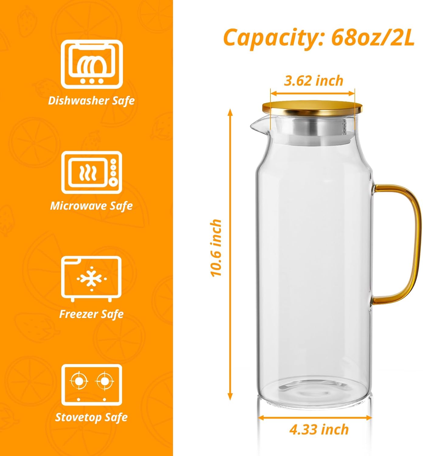 2 Pack 2 Liter 68 oz Glass Pitcher with Lid and Spout, Gold Glass Water Pitcher for Fridge, Glass Carafe for Hot/Cold Water, Large Jug for Iced Tea, Coffee, Juice and Homemade Beverage