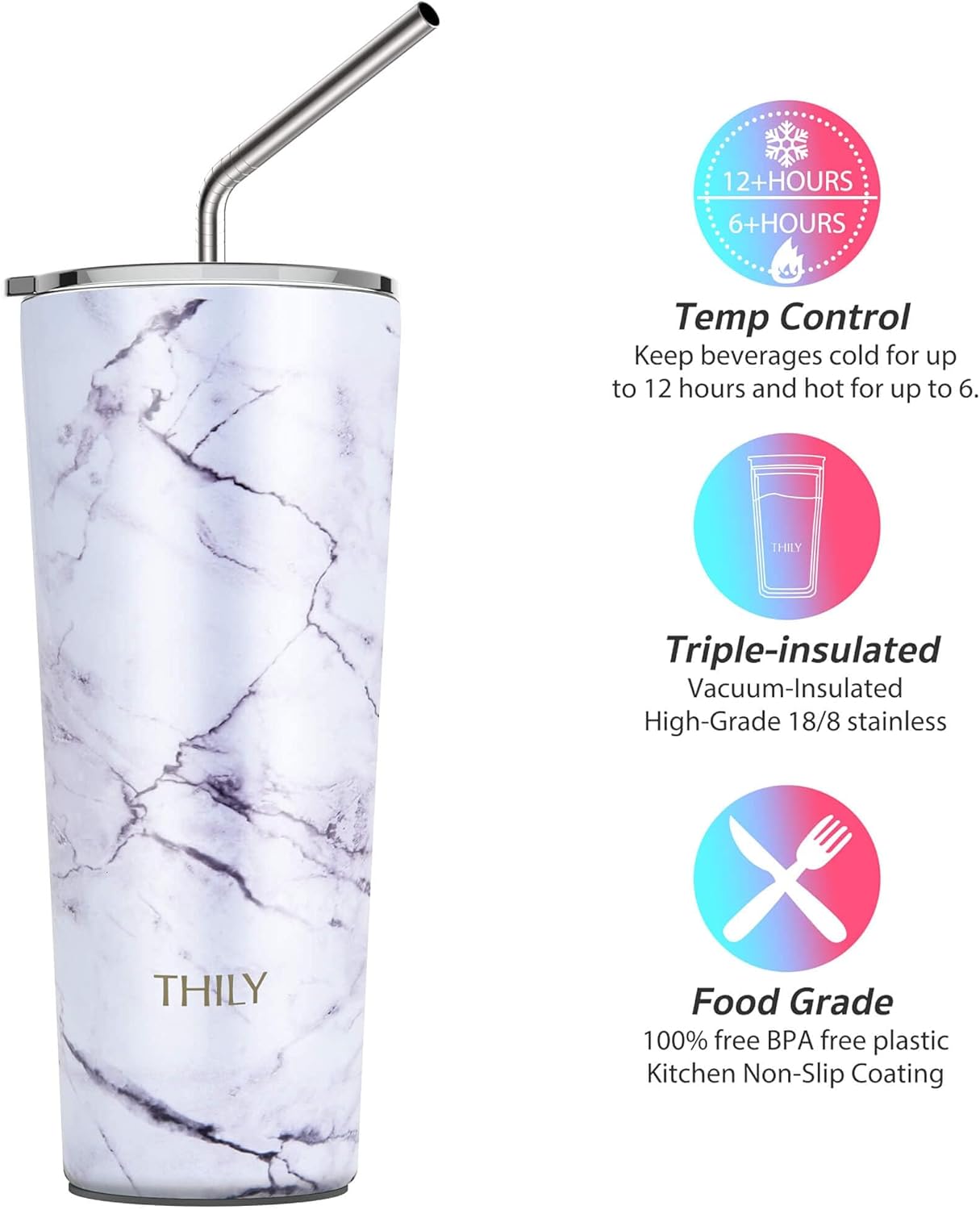 THILY Stainless Steel Vacuum Insulated Tumbler Travel Mug 26 oz Coffee Cup with 2 Lids and Straws, Splash Proof, Keep Ice Drinks Cold, White Marble