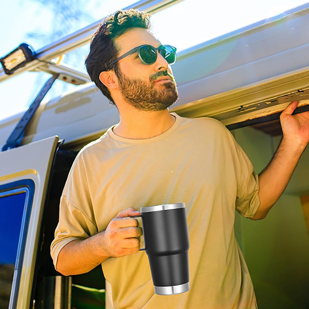 VEGOND 20 oz Tumbler Bulk with Handle Lid and Straw, Stainless Steel Insulated Travel Coffee Mug Set, Spill Proof Double Wall Metal Tumblers Cups, Black 6 Pack