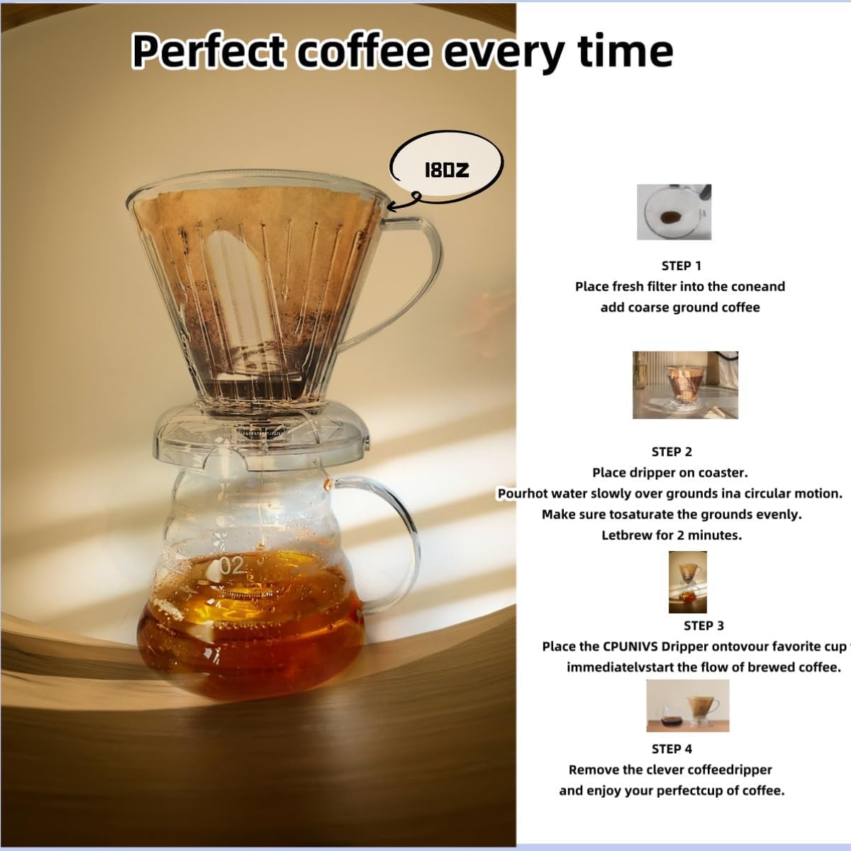 Coffee Dripper with Coffee Filters Drip Coffee Maker Pour Over 100 coffee Filters Large 18 oz BPA Free