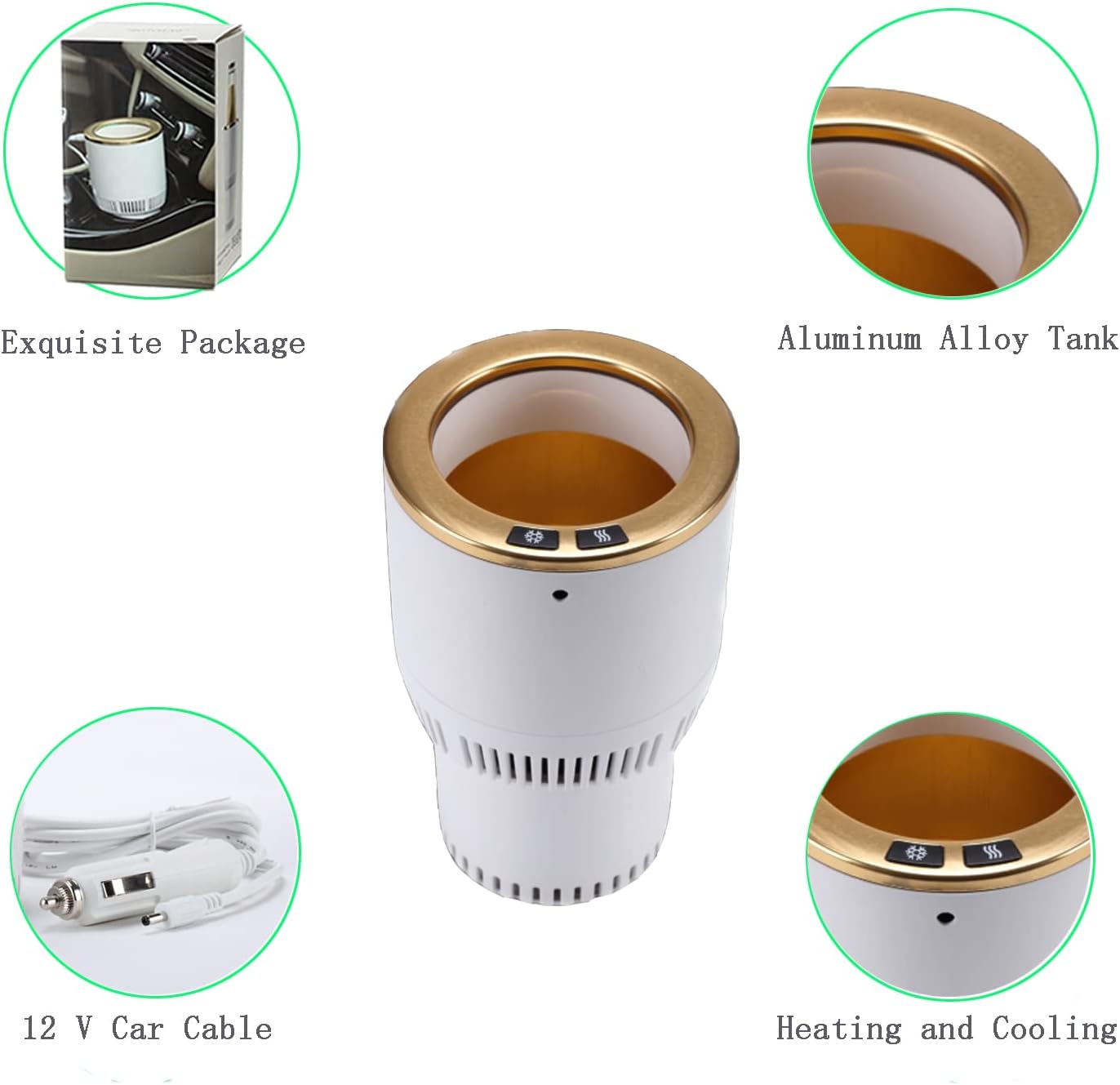 Car Cup Holder with Drink Cooler Smart Mug Warmer 2-in-1 Car Tumbler Holder (White with Gold)