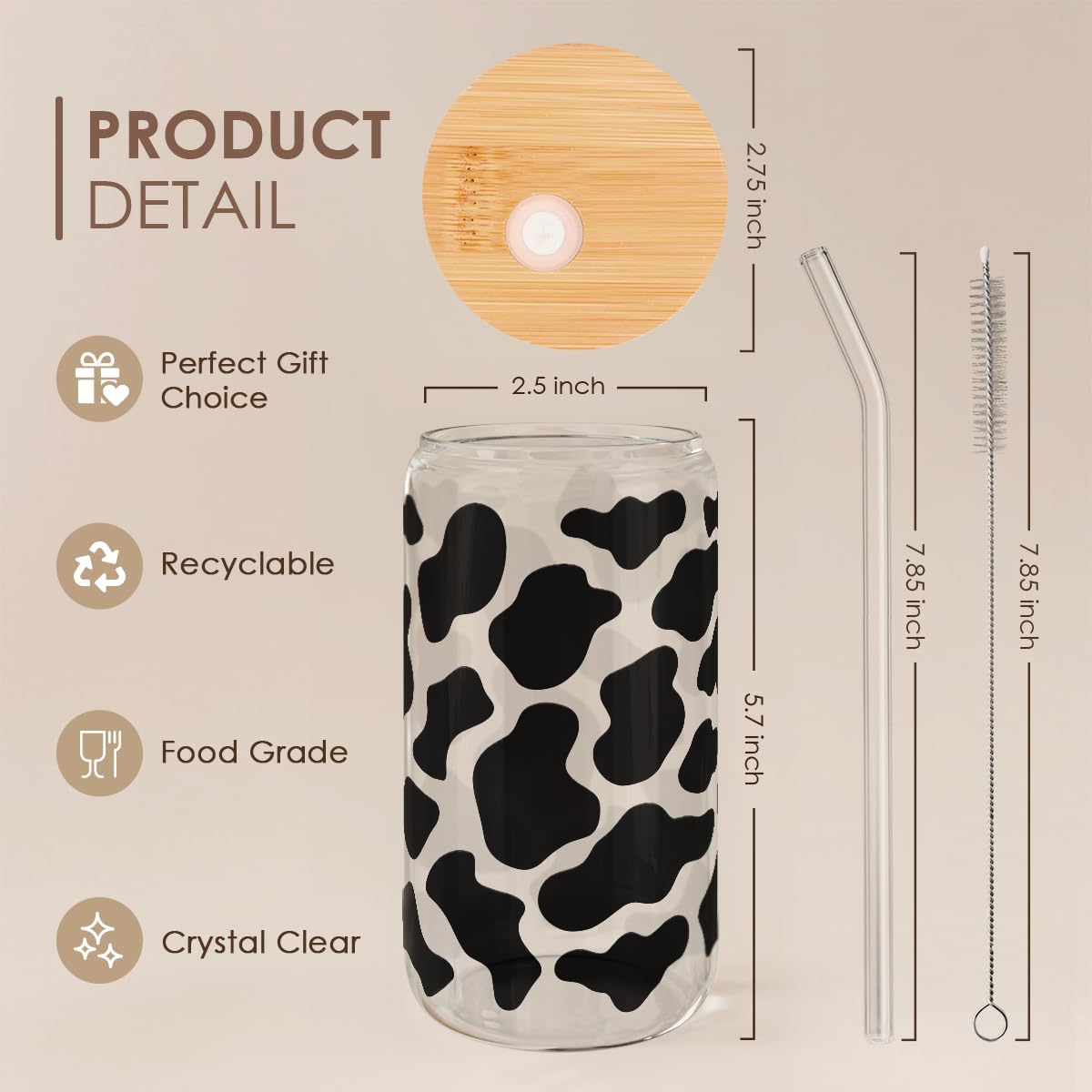 SANDJEST Cow Glass Can, Cow Prints Cup with Lid & Straw, Iced Coffee Aesthetic Cups, Idea Gift for Christmas Birthday Mother Day, Gifts for Women, 16oz