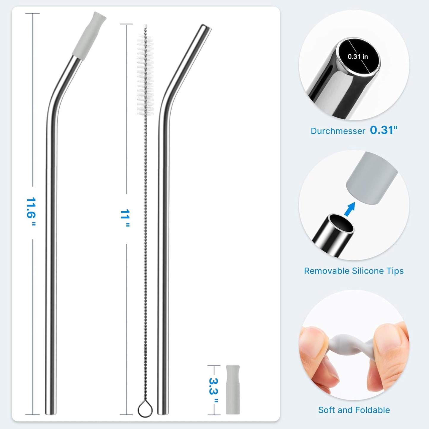 Repeatable Metal Straw with Silicone Tips for 30 oz Stanley Tumbler, 2 Pcs 30 oz Stainless Steel Straws Replacement for Stanley Tumbler, 1 Straw Brush, BPA Free（Light Gray）