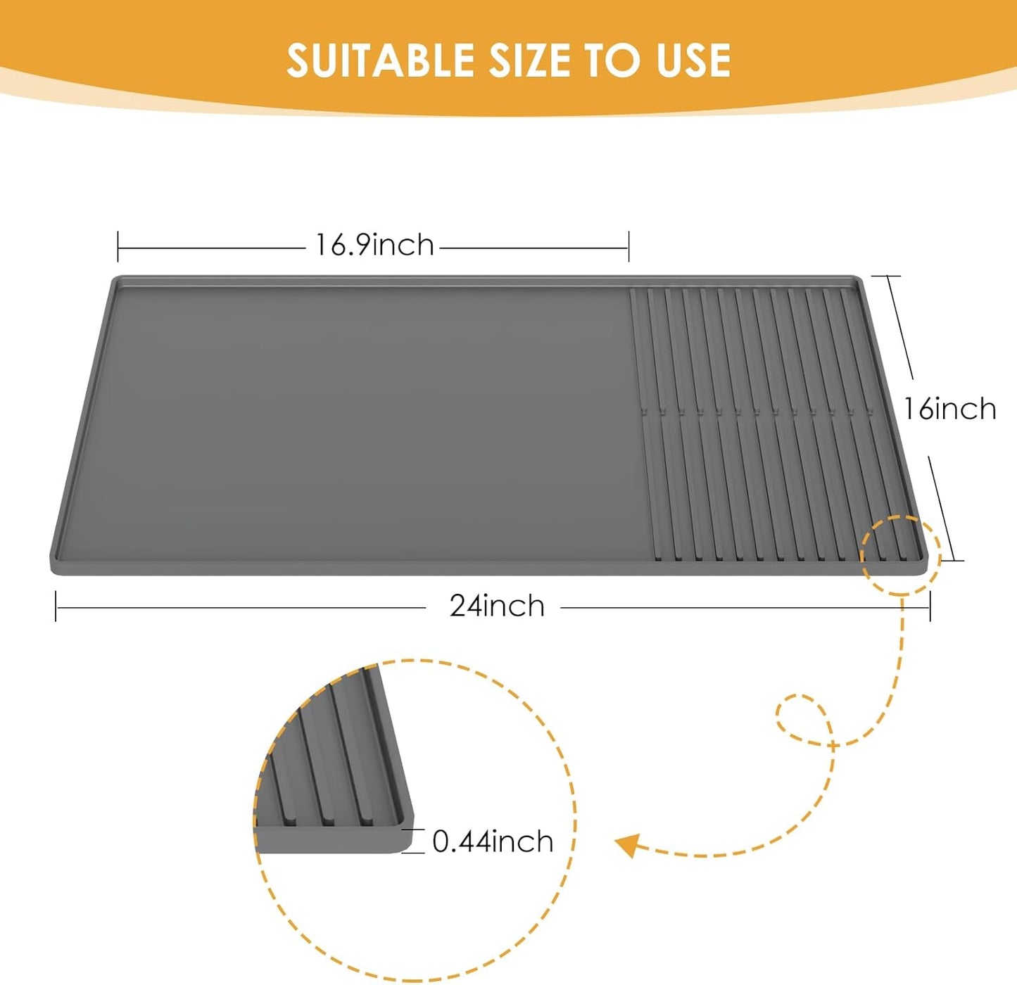 Silicone Coffee Mat with Raised Edges, 24'' x 16'' Bar Mat for Countertops, Fits Under Coffee Maker, Espresso Machine, Dish Drying Mat, Gray