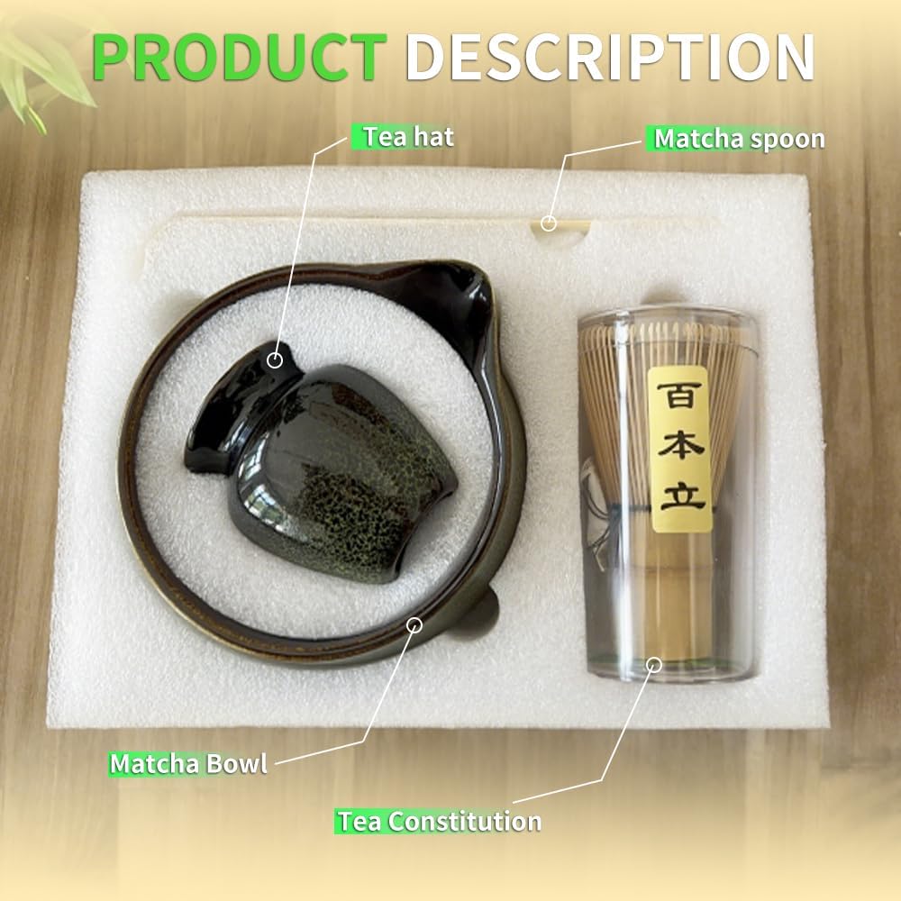 Traditional Matcha Tea Ceremony Tools, 4 Pcs Bamboo Matcha Whisk Set and Matcha Bowl with Spout and Whisk for Ceremony, Gift-Ready Presentation