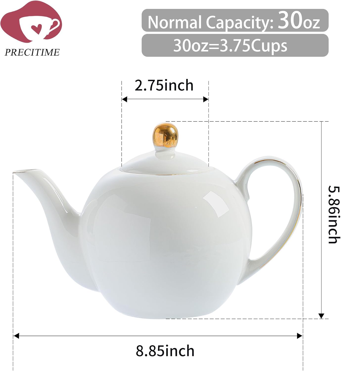 30oz White Porcelain Teapot, Classic design tea pot with Gold Trim, Beautiful white teapots for loose leaf tea and tea bags, Tea Party friendly