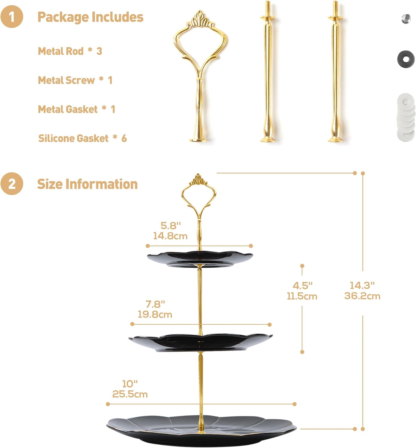 DUJUST Luxury Porcelain 3-Tier Cupcake Stand Tower, British Style Serving Tray with Golden Trim, Food Grade Dessert Display Stand, Beautiful Gift for Tea Party & Home Décor - Black