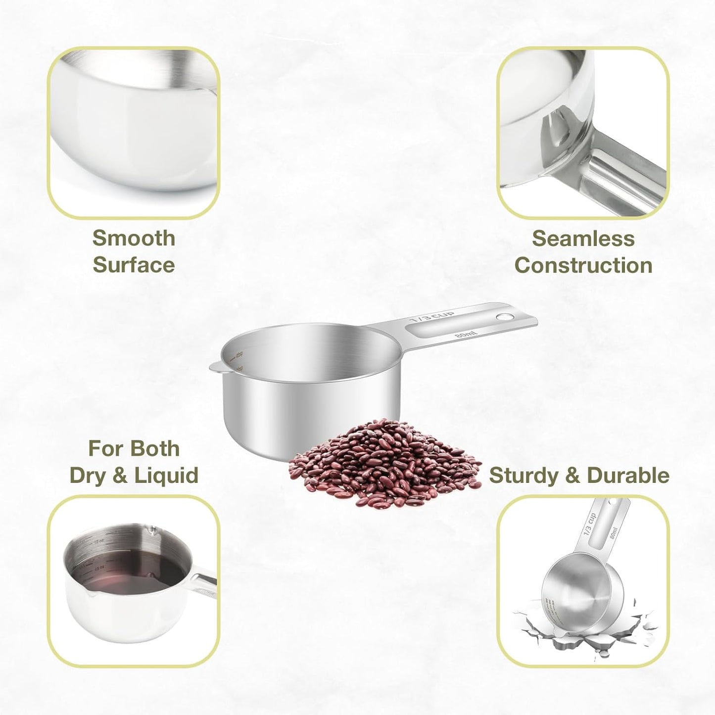 2PCS 1/3Cup (80ml, 2.6oz) Single Measuring Cup, Etched Inner Scale Stainless Steel Measure Scoop, Metric and US Measurement, Dishwasher Safe