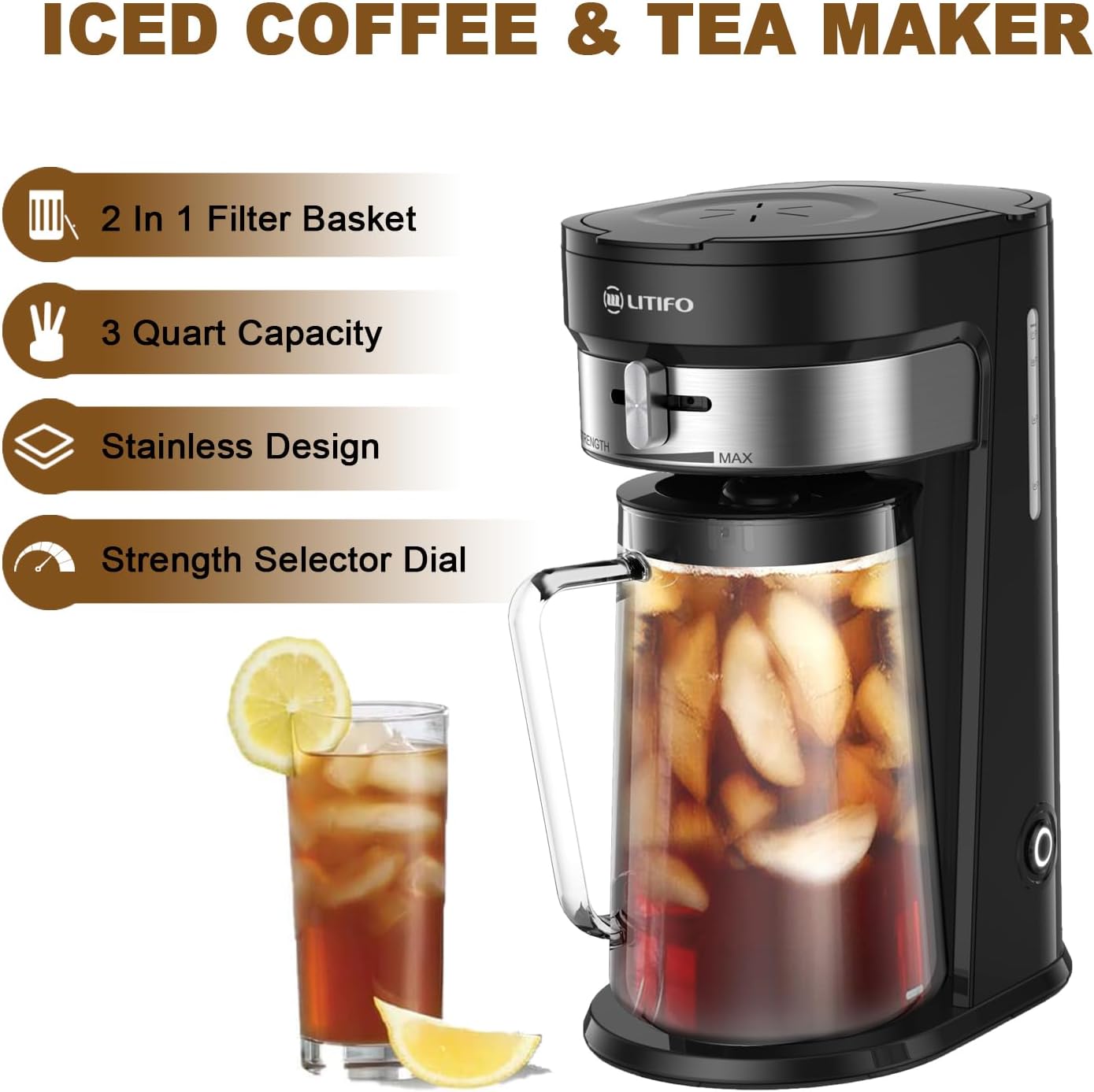 LITIFO Iced Tea Maker and Iced Coffee Maker Brewing System with 2.5-quart Pitcher, sliding strength selector for Taste Customization, Stainless Steel (Black 2.0)
