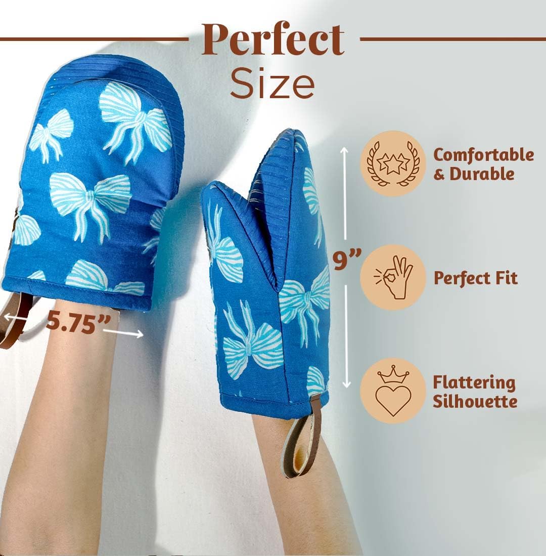 Folkulture Mini Oven Mitts Heat Resistant | (5.75 x 9) Set of 2 Short Blue Oven Mitts with Hanging Loop | 100% Cotton Oven Gloves or Bow Kitchen Mittens | Small Silicone Oven Mits or Baking Accesories