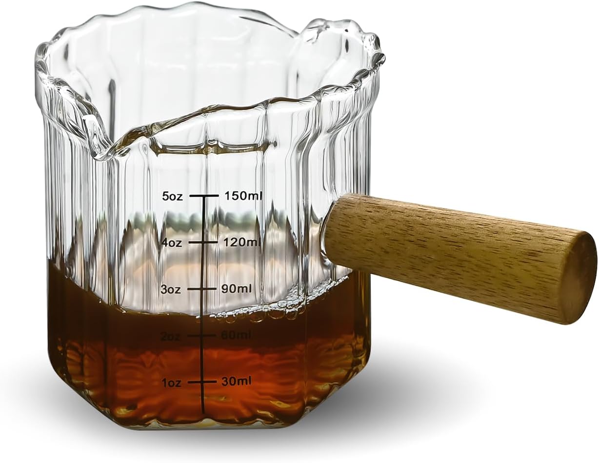 Glass Measuring Cup, 5oz Espresso Shot Glass with Wood Handle, Double Spouts Measuring Triple Pitcher Milk Cup for Coffee Tea (Transparent Ribbed)