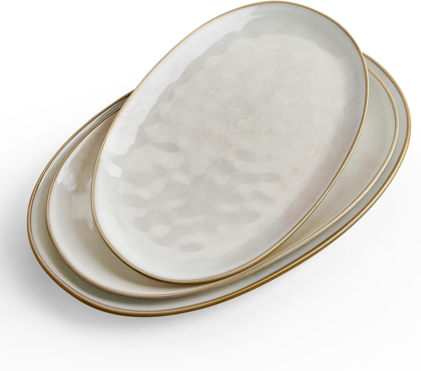 famiware Serving Platter, Oval 15.59/14.3/12.9 inch Serving Dishes for Entertaining, Serving Bowls, Microwave Safe, Stonware Serving Trays for Party, Turkey, Cheese, Ocean Series, Cappuccino White