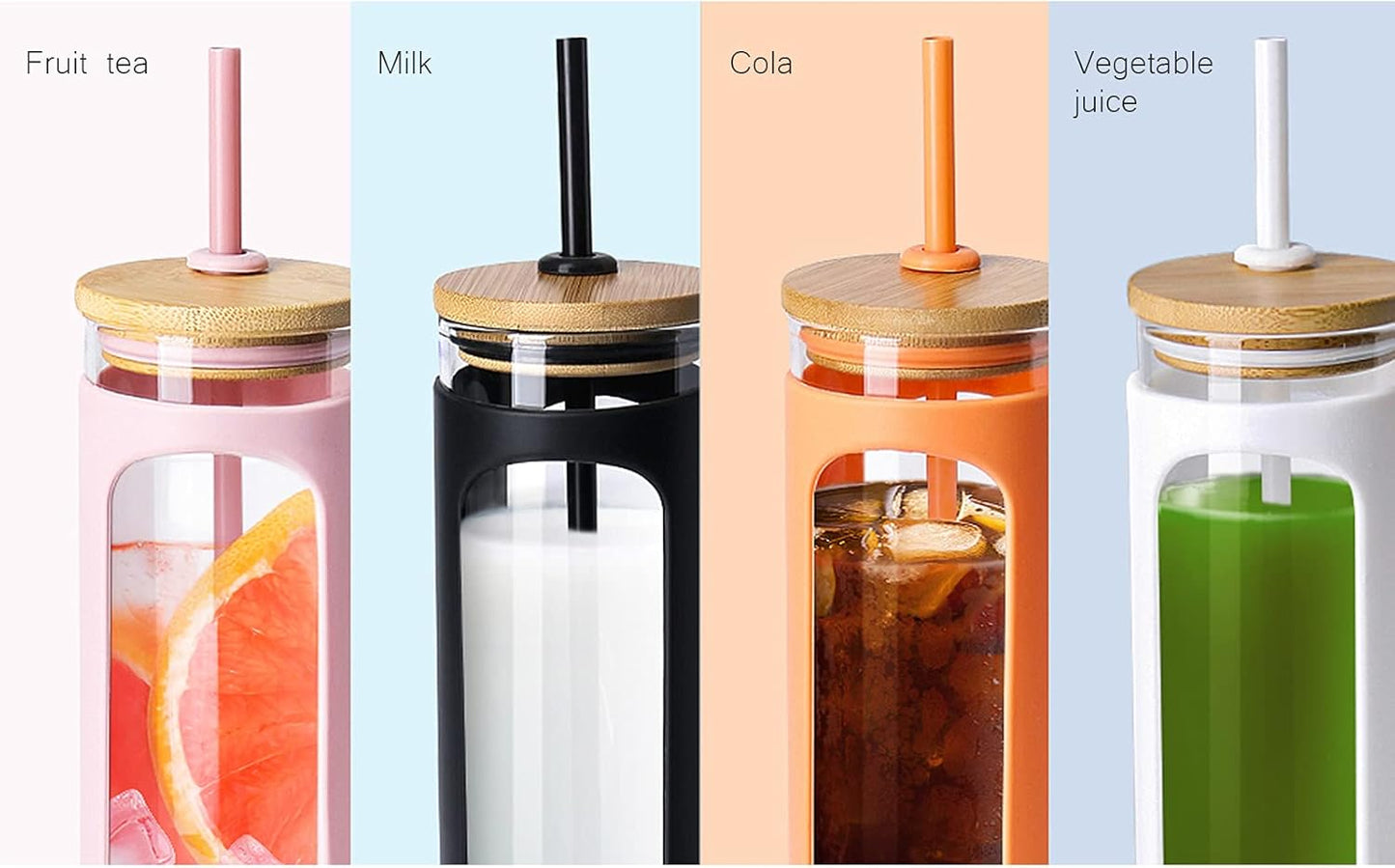 Kodrine 20oz Glass Tumbler with Straw and Lid, Bamboo Lids Water Bottle, Reusable Iced Coffee Cups, Wide Mouth Smoothie Cup with Protective Silicone Sleeve BPA FREE-Pink-2pack