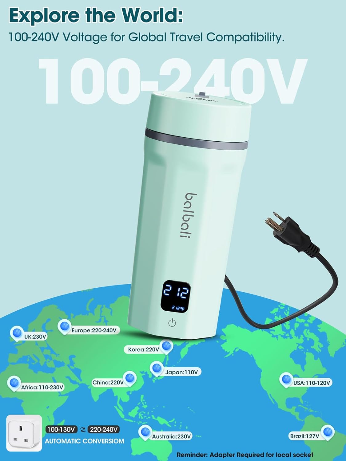 balbali 18.6oz Portable Kettle for Travel 100-250V Dual Voltage for International/Global/Europe - 6 Preset Travel Electric Kettle Hot Water Boiler/Heater/Warmer/Tea Maker - Green