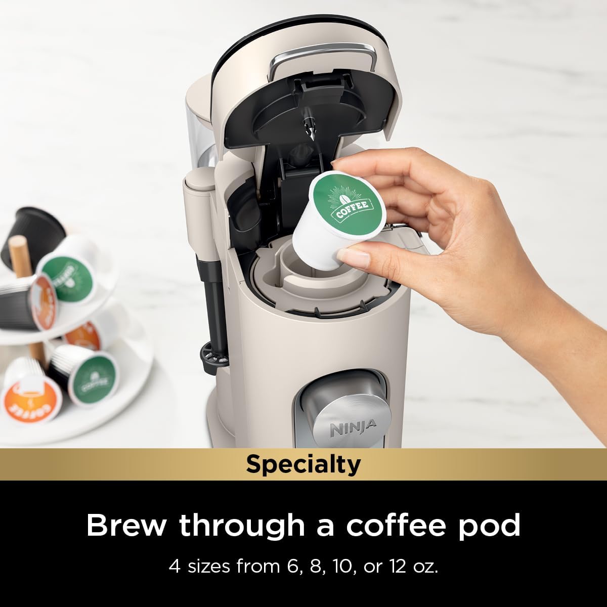 Ninja Pod & Grounds Specialty XL Single-Serve Coffee Maker, K-Cup Pod Compatible, Brews Grounds, Compact Design, Built-In Milk Frother, 68-oz. Reservoir, 6-oz. Cup to 24-oz. Mug Sizes, Stone, PB055AST