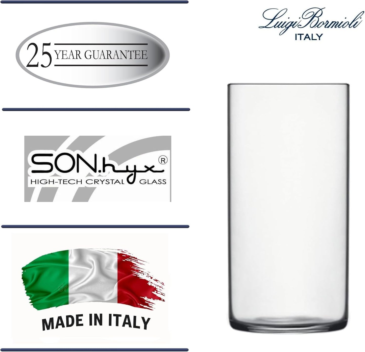 Luigi Bormioli Top Class 11.75 oz Highball Glasses, Set of 6 - Italian Tall Drinking Glasses for Cocktails, Water, Juice - Durable Lead-Free Crystal Drinkware with Reinforced Rims, Modern Glassware