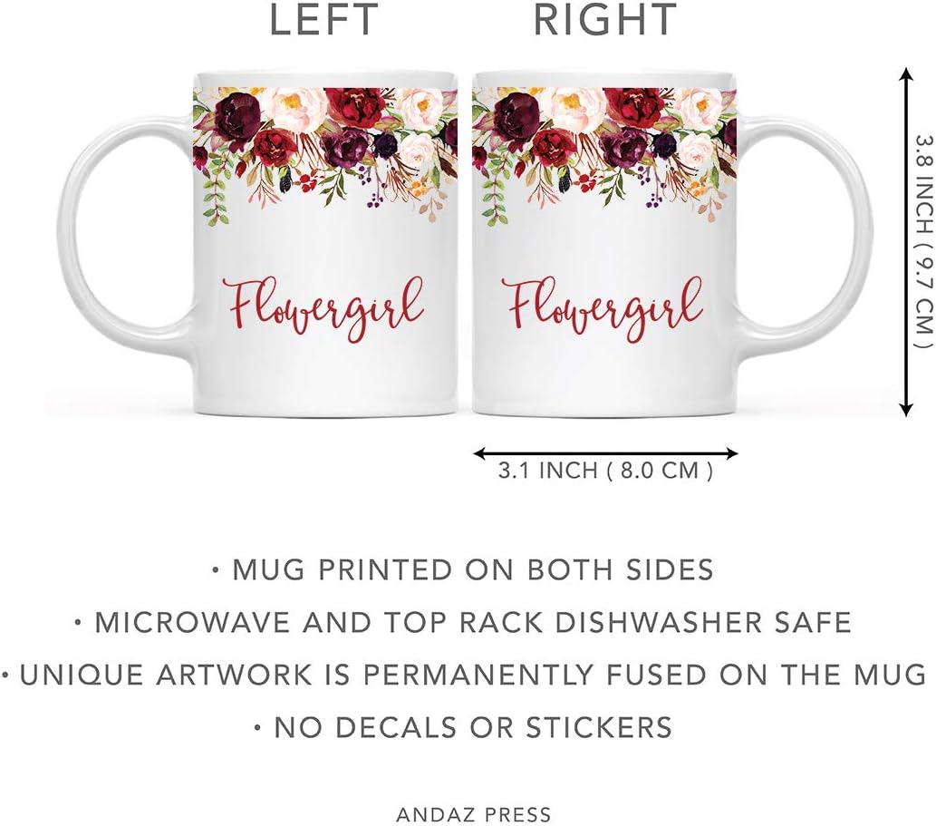 Andaz Press 11oz. Wedding Ceramic Coffee Tea Mug Gift, Fall Autumn Marsala Burgundy Flowers Roses Florals, Flowergirl, 1-Pack, Includes Gift Box