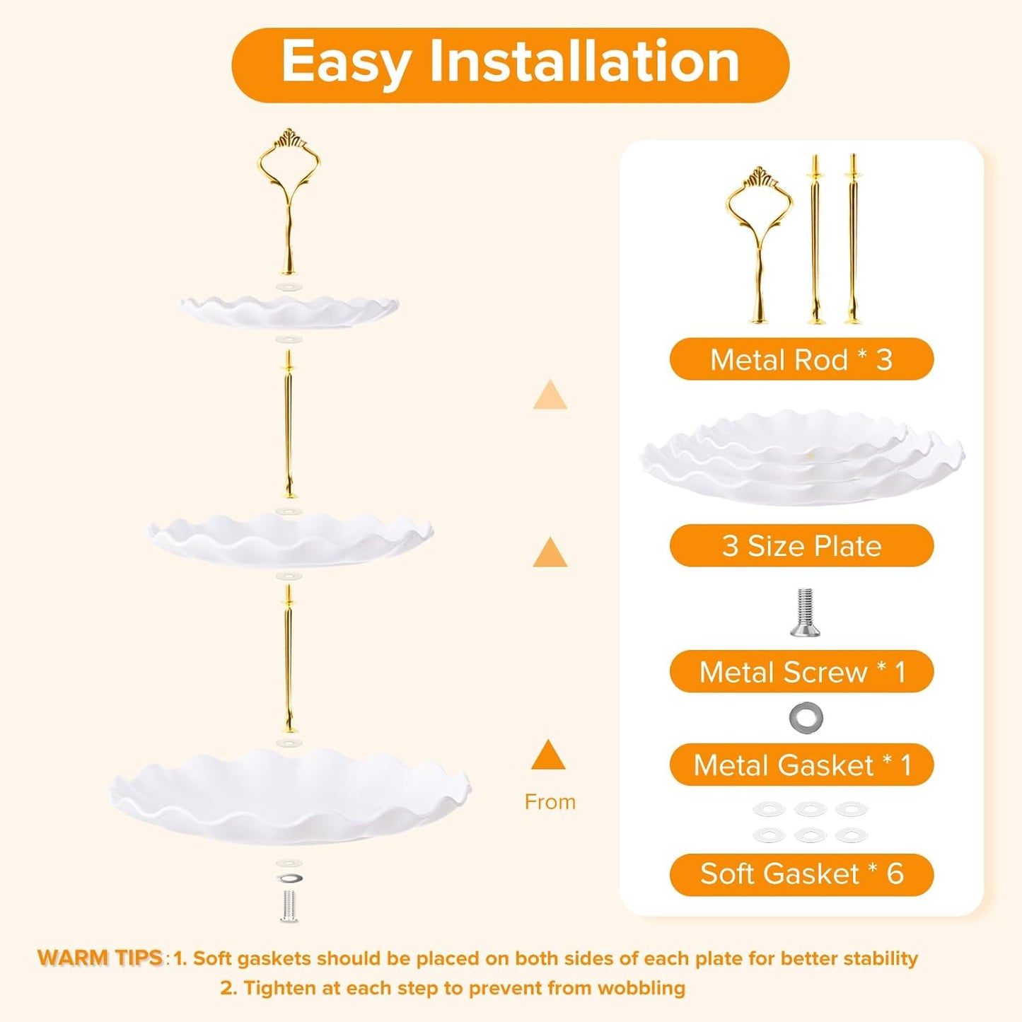 Hoedia 3 Tier Cupcake Stand Tower, Plastic White Cup Cake Holder for Dessert stands, Tiered Serving Tray for Tea Party, Birthday Party, Wedding Decor and Baby Shower(Round Wave)