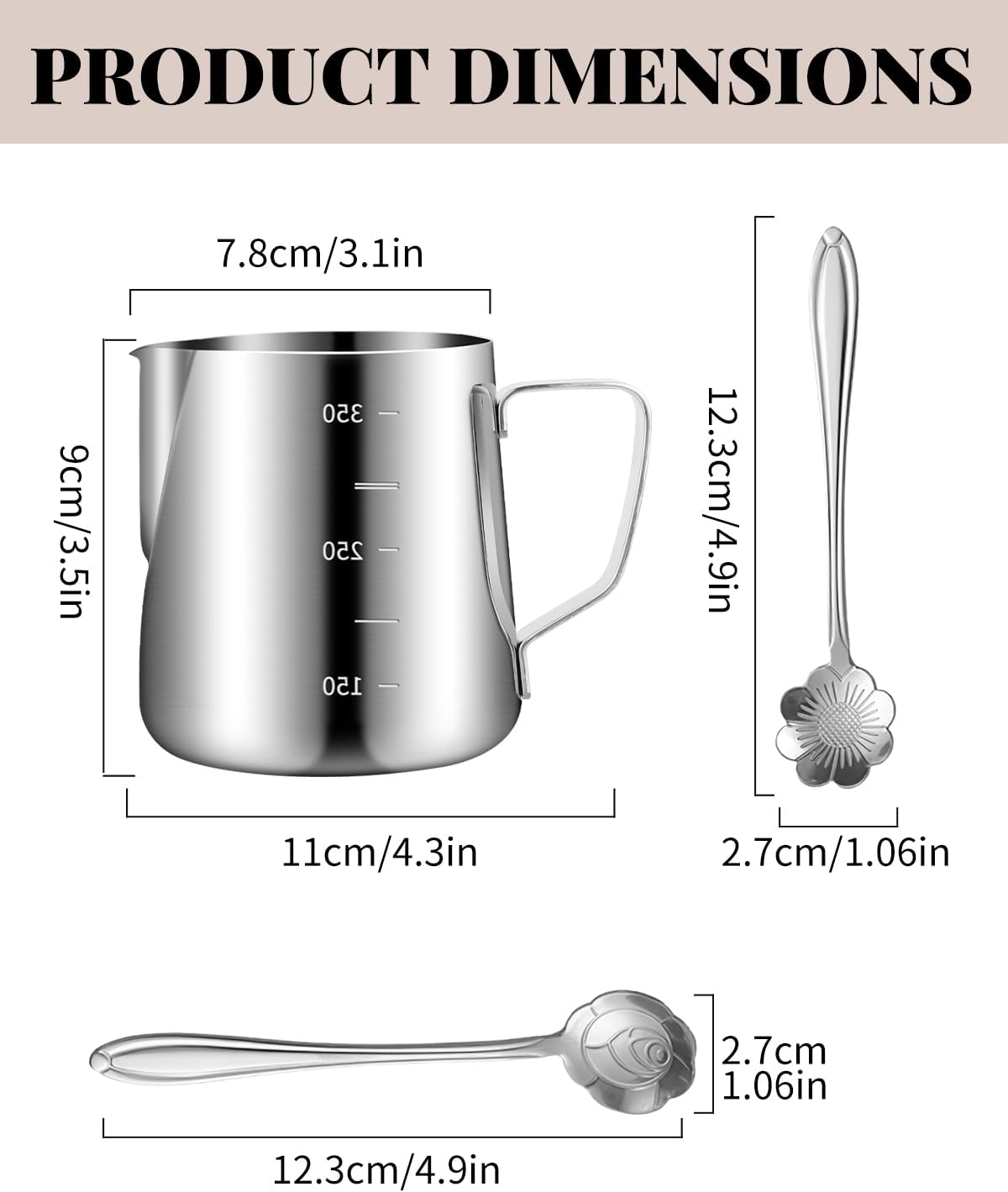 Milk Frothing Pitcher, 12oz/350ML Milk Frother Cup with Clear Scale 1PCS, Stainless Steel Cappuccino Espresso Machine Accessories for Barista Coffee Bar Attached Dessert Spoons 2PCS